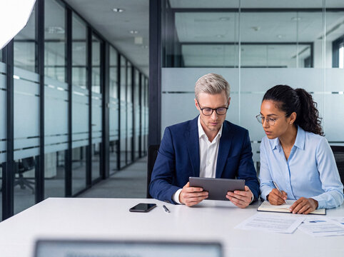 Professional photograph of two diverse business colleagues collaborating with a digital tablet and notebook.
