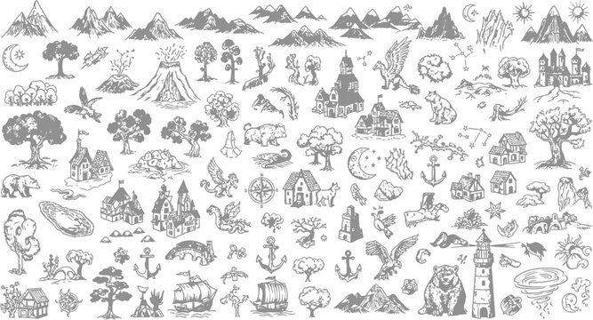 Fantasy map icons collection with mountains castles dragons and nature elements for world building hand drawn vector illustration
