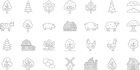 Obraz premium Hand drawn farm and nature icon set featuring trees animals barns and windmill for rural agriculture design vector