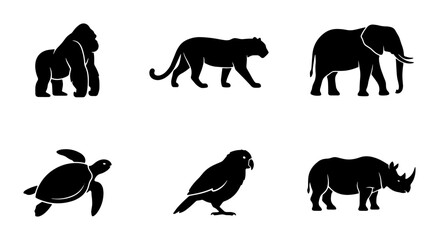 Silhouette Animal Icons Set: Gorilla, Panther, Elephant, Turtle, Bird, Rhino, Wildlife Vector Graphics © Farhana
