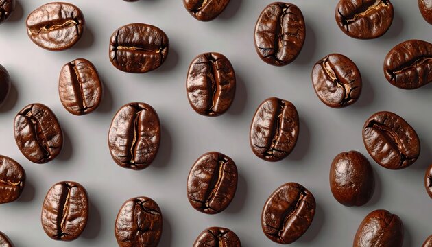 Top view of roasted coffee beans on gray background