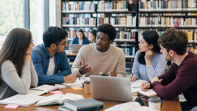Diverse university students discussing group project together in modern library study space
