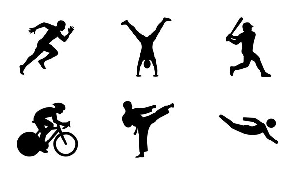Diverse Sports Icons Set: Runner, Cartwheel, Baseball Player, Cyclist, Karate, Swimmer Silhouettes