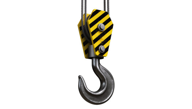 Heavy duty metal crane hook with yellow and black hazard stripes, isolated on transparent background