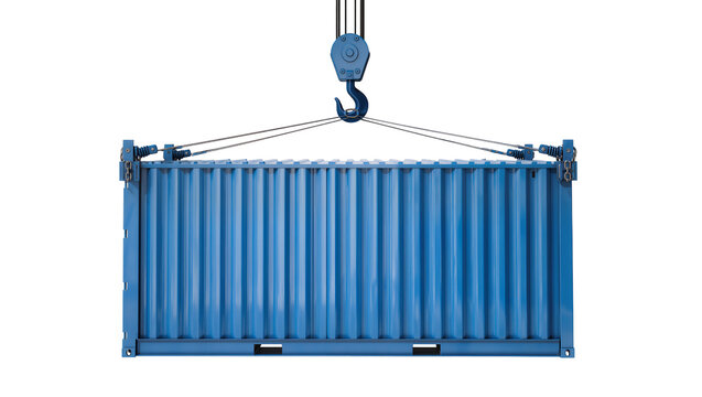 Blue shipping container lifted by crane hook and cables, isolated on transparent background