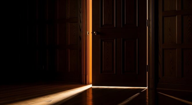 Dark room with a partially open door casting a bright light beam