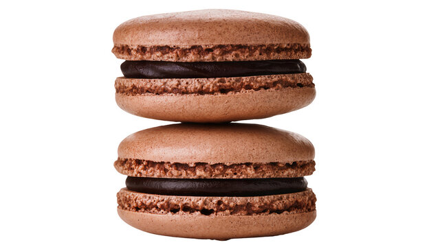 Two stacked chocolate macarons with dark ganache filling, isolated on transparent background