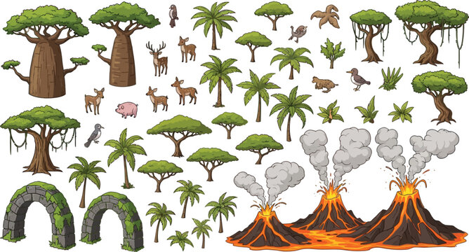 Prehistoric environment asset set with erupting volcanoes tropical trees wild animals and stone arches for game design vector illustration