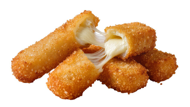 Golden crispy fried mozzarella cheese sticks with melted stringy cheese, isolated on transparent background