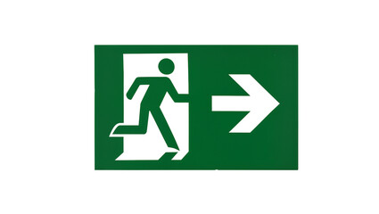 Green running man exit sign with black arrow, isolated on transparent background © Sorin
