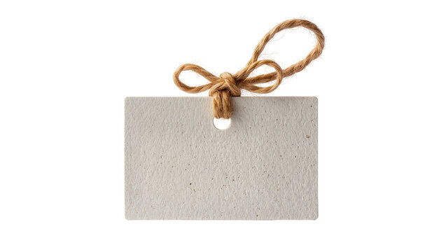 Blank textured paper tag with jute twine bow, isolated on transparent background