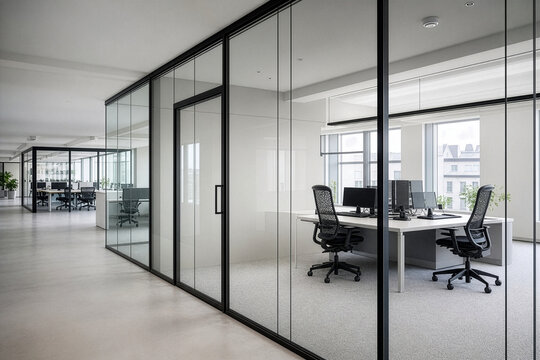 Glass partition wall in contemporary open plan office space