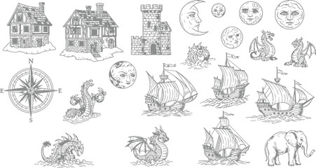 Obraz premium Vintage nautical and medieval map elements collection featuring ships dragons castles and celestial moons for historical design vector