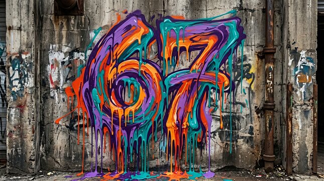 Photorealistic artistic graffiti with stylized number 67 formed from dripping multicolor paint layers on old industrial wall