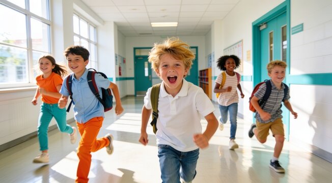 Happy children running in school hallway with backpacks