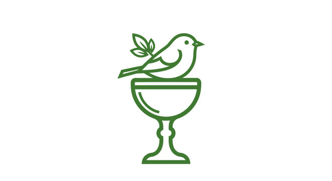 Green bird perched on a chalice with leaf.