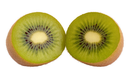 Fototapeta premium Two halves of a ripe kiwi fruit showing green flesh and black seeds, isolated on transparent background