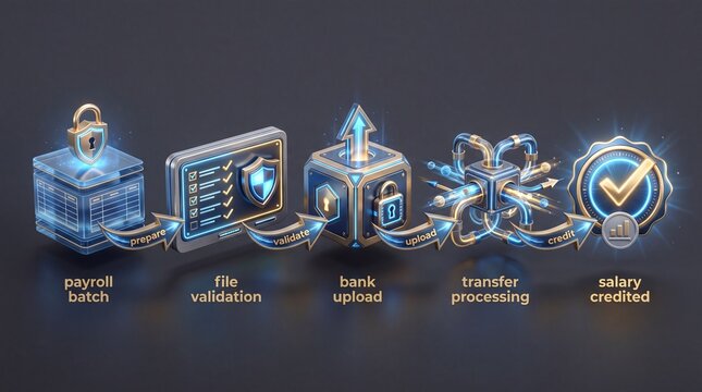 Secure digital payroll processing workflow with glowing icons representing data batch file validation bank upload transfer and salary credited symbolizing financial security