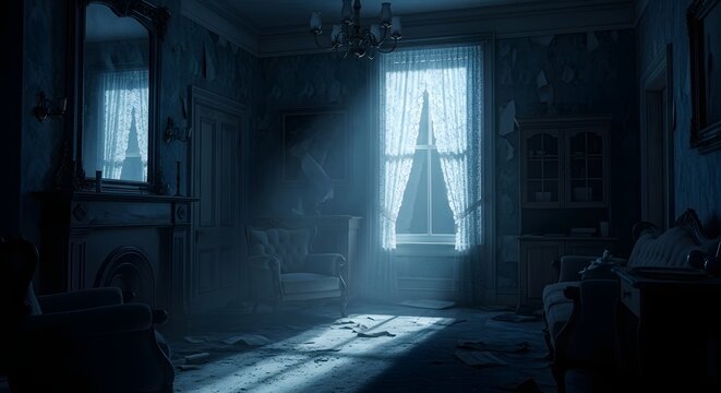 Dark and moody interior of an abandoned room with moonlight streaming through window