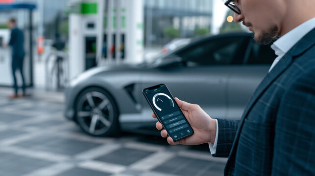 Man checking fuel gauge on smartphone app while standing near car at station, modern digital car ownership concept