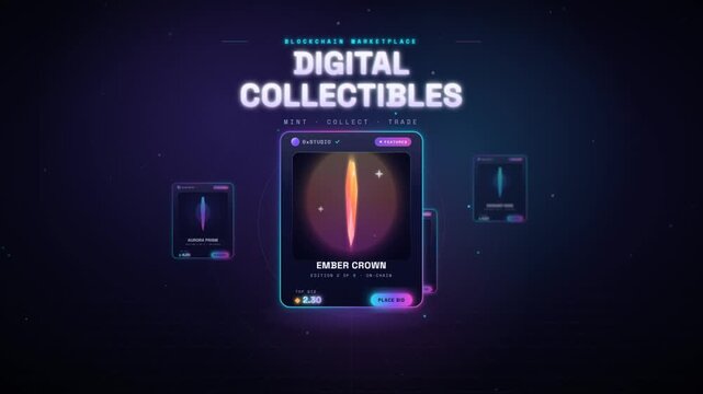Digital collectibles blockchain marketplace with glowing crystal cards neon motion graphic