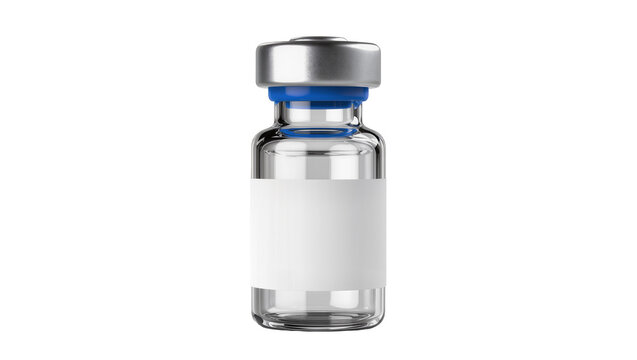Clear glass medical vial with silver cap and blue rubber stopper, isolated on transparent background