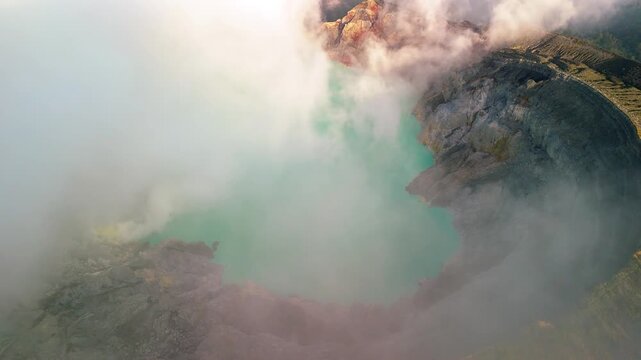 Mount Ijen Volcanic Panorama with Turquoise Waters &ndash; Drone Shot Java Island Indonesia