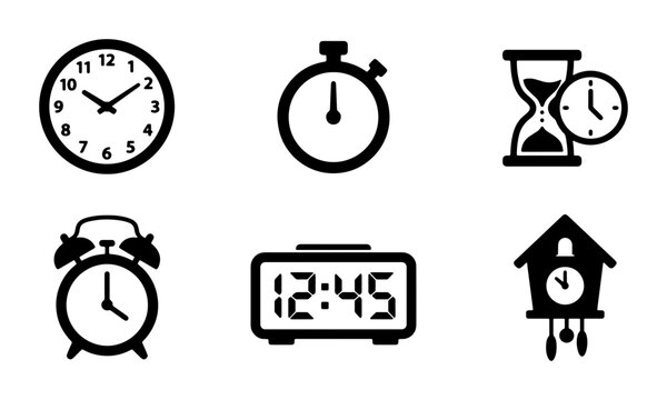 Time Icons Collection: Analog Clock, Stopwatch, Hourglass, Alarm, Digital Display, Cuckoo Clock Vector Set