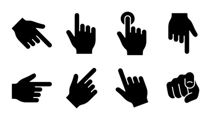 Fototapeta premium Set of 8 Black Hand Cursor Icons, Pointer and Click Gestures, Digital Interface Navigation Elements