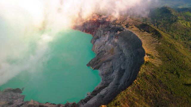 Java Island Indonesia Beautiful Sunrise Over Mount Ijen and Crater Lake