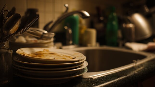 residue. A kitchen sink filled with unwashed dishes and food scraps under dim light. menu design, packaging mockups, designed for culinary blogs and recipe cards for restaurants.