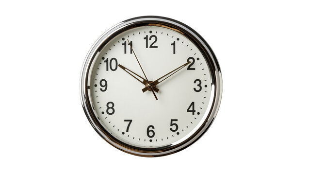 Round analog clock with white face and silver rim, isolated on transparent background