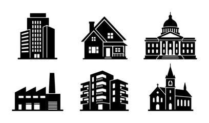 Set of 6 Black and White Building Icons: Modern Architecture, Residential House, Government Building, Factory, Apartment Block, Church © Hasanu