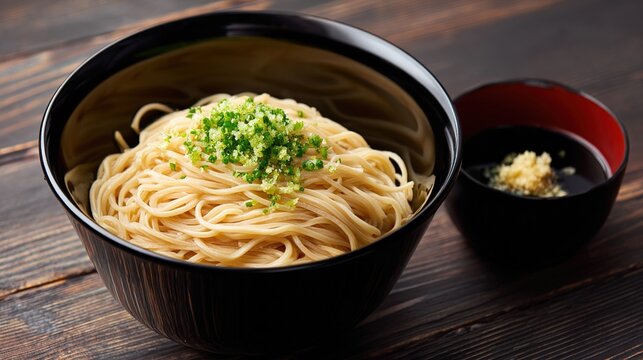 somen. A minimalist lacquerware bowl with cold somen noodles and garnishes on dark wood. menu design, packaging mockups, designed for food delivery and cloud-kitchen brand materials.