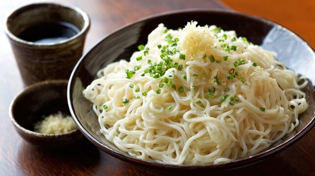 somen. A minimalist lacquerware bowl with cold somen noodles and garnishes on dark wood. menu design, packaging mockups, designed for food delivery and cloud-kitchen brand materials.