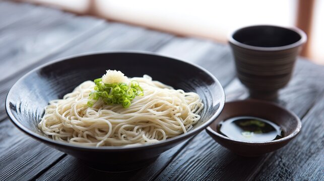 somen. A minimalist lacquerware bowl with cold somen noodles and garnishes on dark wood. menu design, packaging mockups, designed for food delivery and cloud-kitchen brand materials.