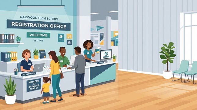 people at a school registration office.