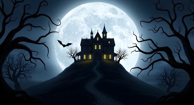 Spooky haunted house on a hill under a full moon in a dark forest at night