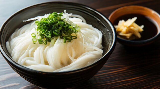 somen. A minimalist lacquerware bowl with cold somen noodles and garnishes on dark wood. menu design, packaging mockups, designed for food delivery and cloud-kitchen brand materials.