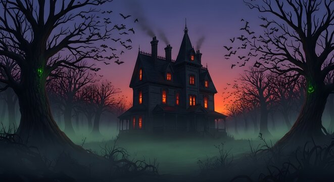 Eerie haunted mansion in a foggy forest at sunset with bats flying