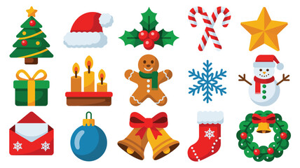 Obraz premium christmas holiday icon collection featuring tree santa hat gifts gingerbread man snowflake snowman ornaments wreath candy cane bells and festive winter decorations 