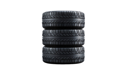 Stack of four black car tires with detailed tread patterns, isolated on transparent background © Sorin