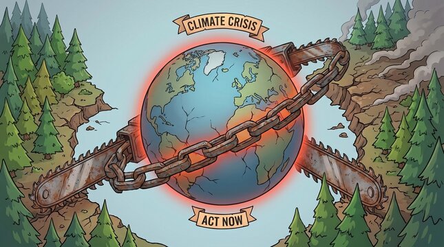 Global warming and climate crisis conceptual illustration of Earth being cut by chainsaws, urging action