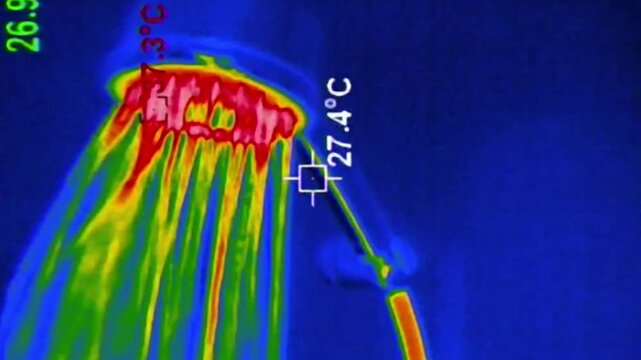 An infrared camera captures the heat from hot water running from a shower fixture. This thermographic view demonstrates heat distribution and potential energy loss with temperature data shown.