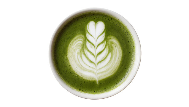 Green matcha latte with white foam art heart and leaf pattern, isolated on transparent background