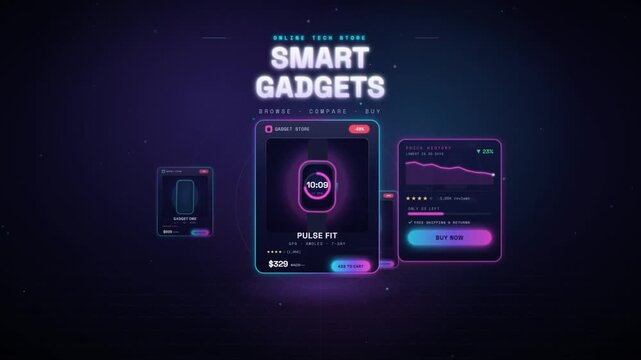 Smart gadgets online tech store with glowing product cards and prices neon motion graphic