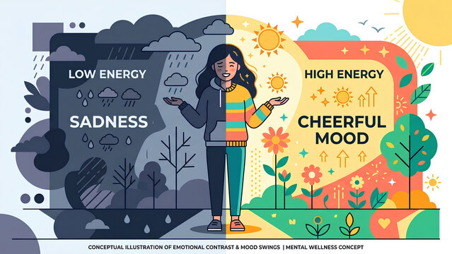 Conceptual illustration of emotional contrast and mood swings, mental wellness concept