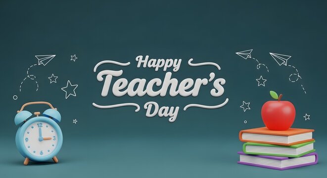 Happy teachers' day illustration alarm clock books and apple on chalkboard background