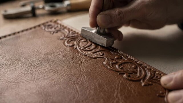 Closeup of a craftsman pressing a detailed title into a binder spine using blind embossing showcasing the raised texture and subtle elegance on a leather cover.
