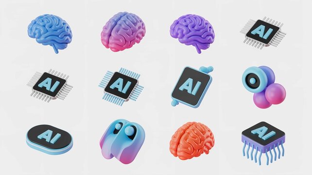 Collection of colorful three dimensional artificial intelligence icons featuring digital brains and microchip processors rendered in a modern artistic style